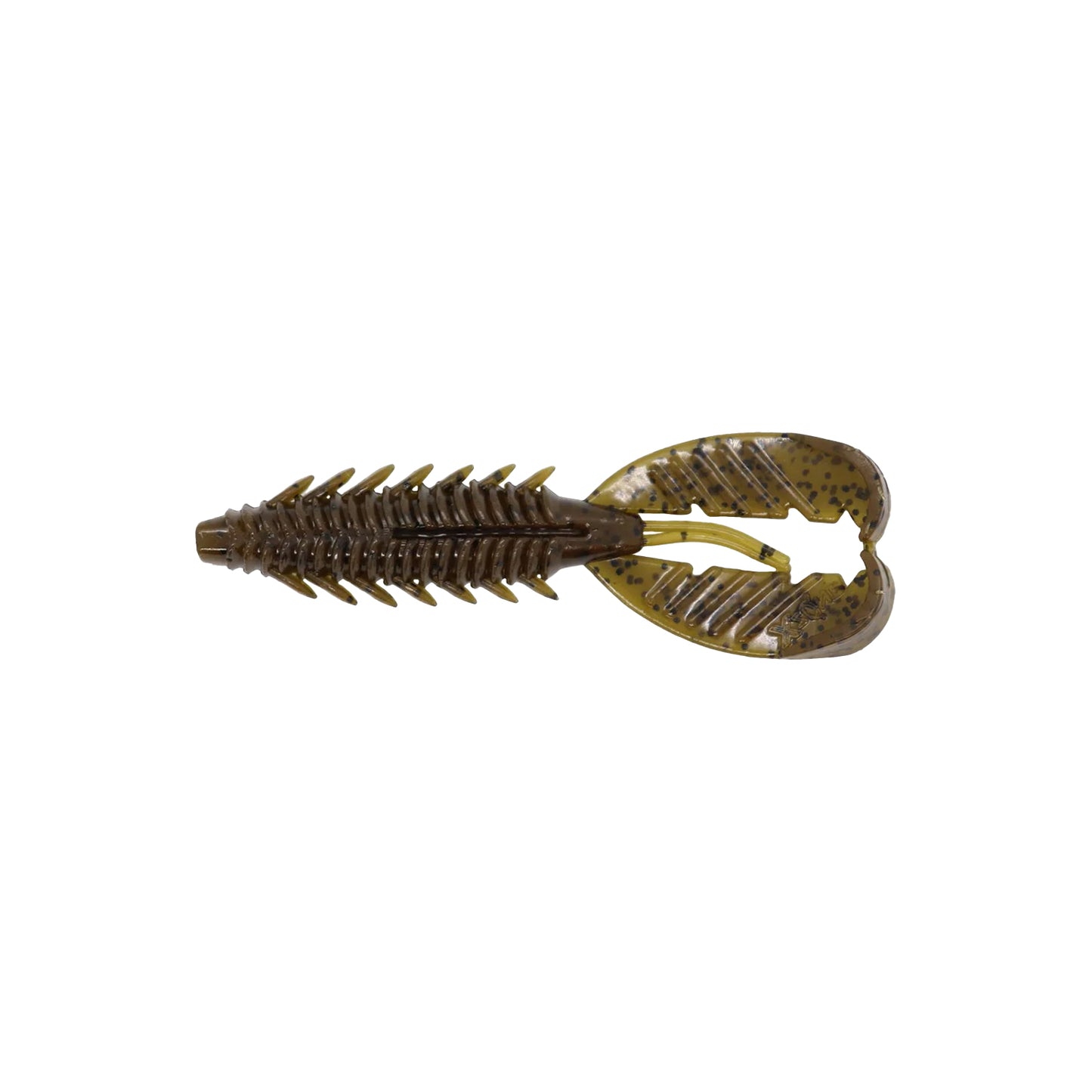 The Xzone Lures Adrenaline Craw Jr. 3.5" (7pk) is a brown and yellow soft plastic lure with a ribbed body and floating claws, resembling an aquatic creature—ideal for bass fishing.