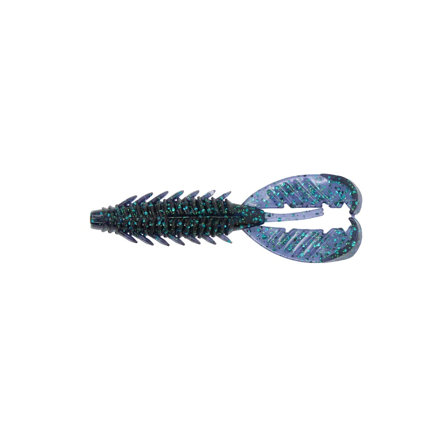 The Xzone Lures Adrenaline Craw Jr. 3.5" (7 pack) is a soft plastic bass bait with a ribbed body, two flat floating claws, and a dark purple color with blue and green glitter—ideal for realistic insect or grub imitation.