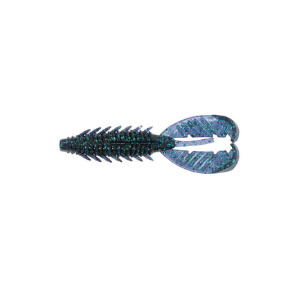 The Xzone Lures Adrenaline Craw Jr. 3.5" (7 pack) is a soft plastic bass bait with a ribbed body, two flat floating claws, and a dark purple color with blue and green glitter—ideal for realistic insect or grub imitation.