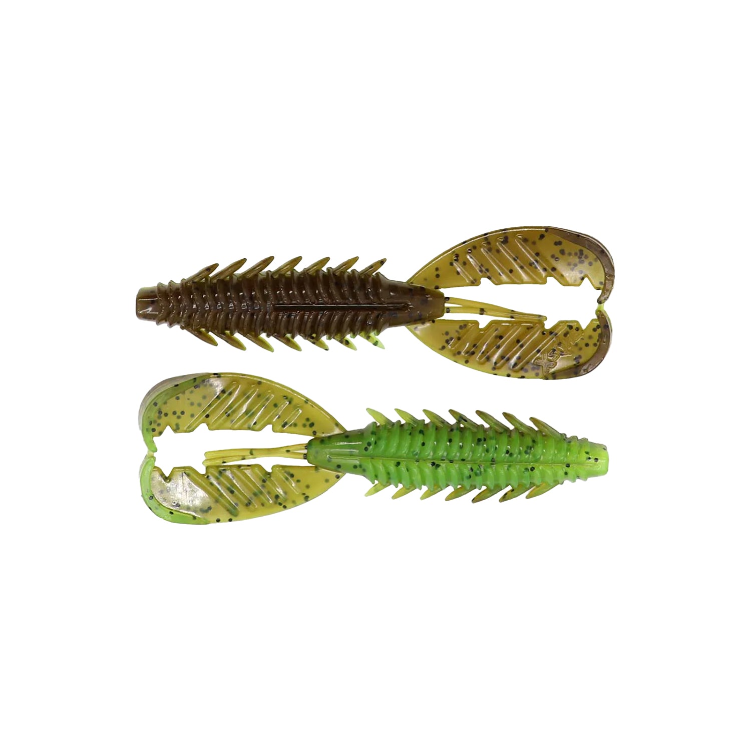 Two Xzone Lures Adrenaline Craw Jr. 3.5" fishing lures in brown and green, both with ribbed bodies, floating claws, and wide pincers—ideal bass bait—are shown side by side on a white background. Brand: Xzone Lures; 7pk.
