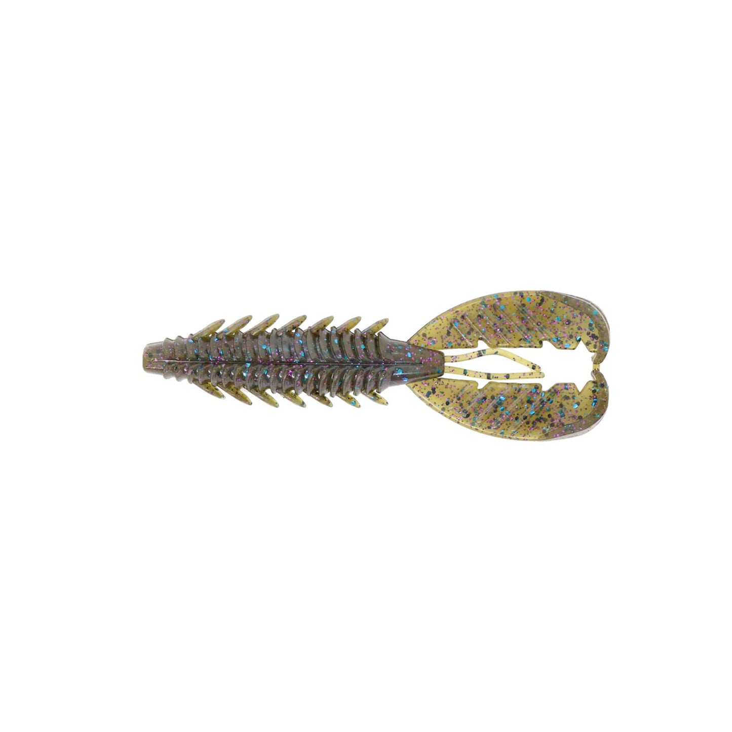 The Xzone Lures Adrenaline Craw Jr. 3.5" 7pk is a soft plastic bass bait with ribbed sides, floating claws, and a wide forked tail in greenish-brown with purple and blue specks for extra attraction.