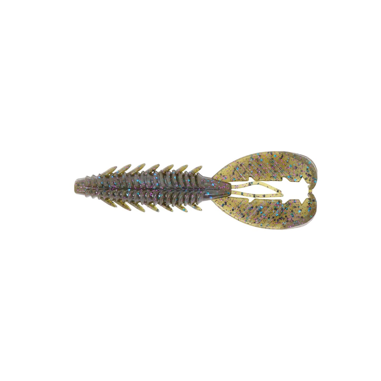 The Xzone Lures Adrenaline Craw Jr. 3.5" 7pk is a soft plastic bass bait with ribbed sides, floating claws, and a wide forked tail in greenish-brown with purple and blue specks for extra attraction.