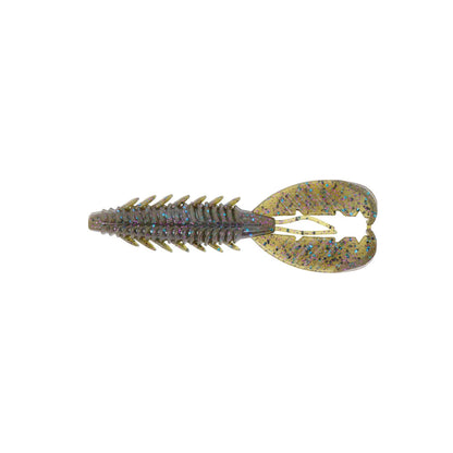 The Xzone Lures Adrenaline Craw Jr. 3.5" 7pk is a soft plastic bass bait with ribbed sides, floating claws, and a wide forked tail in greenish-brown with purple and blue specks for extra attraction.