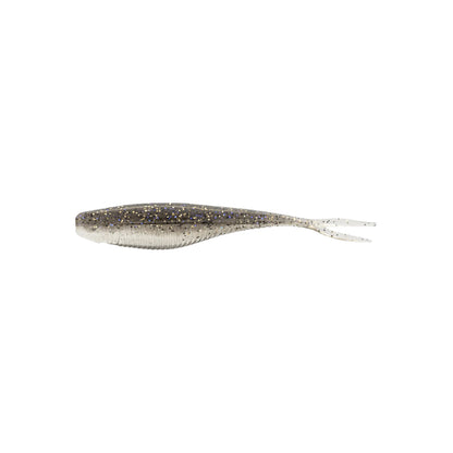 The Xzone Lures Rally Shad 3.75" 7pk features a grayish-silver soft plastic bait with black and gold speckles and a forked tail, shown on a white background. Ideal for use with forward facing sonar techniques.