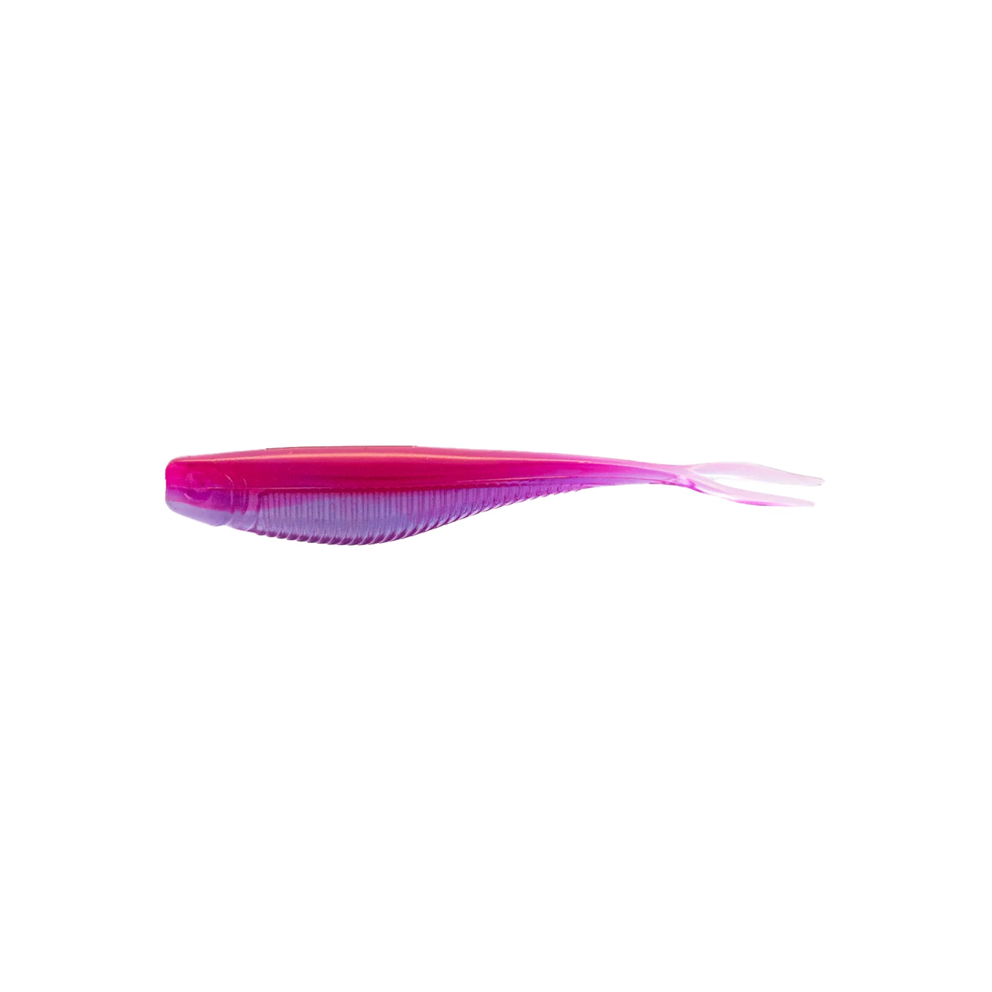 The Xzone Lures Rally Shad 3.75" 7pk is a soft plastic bait in pink and purple gradient, shaped like a small fish with a forked tail, displayed horizontally on a white background.