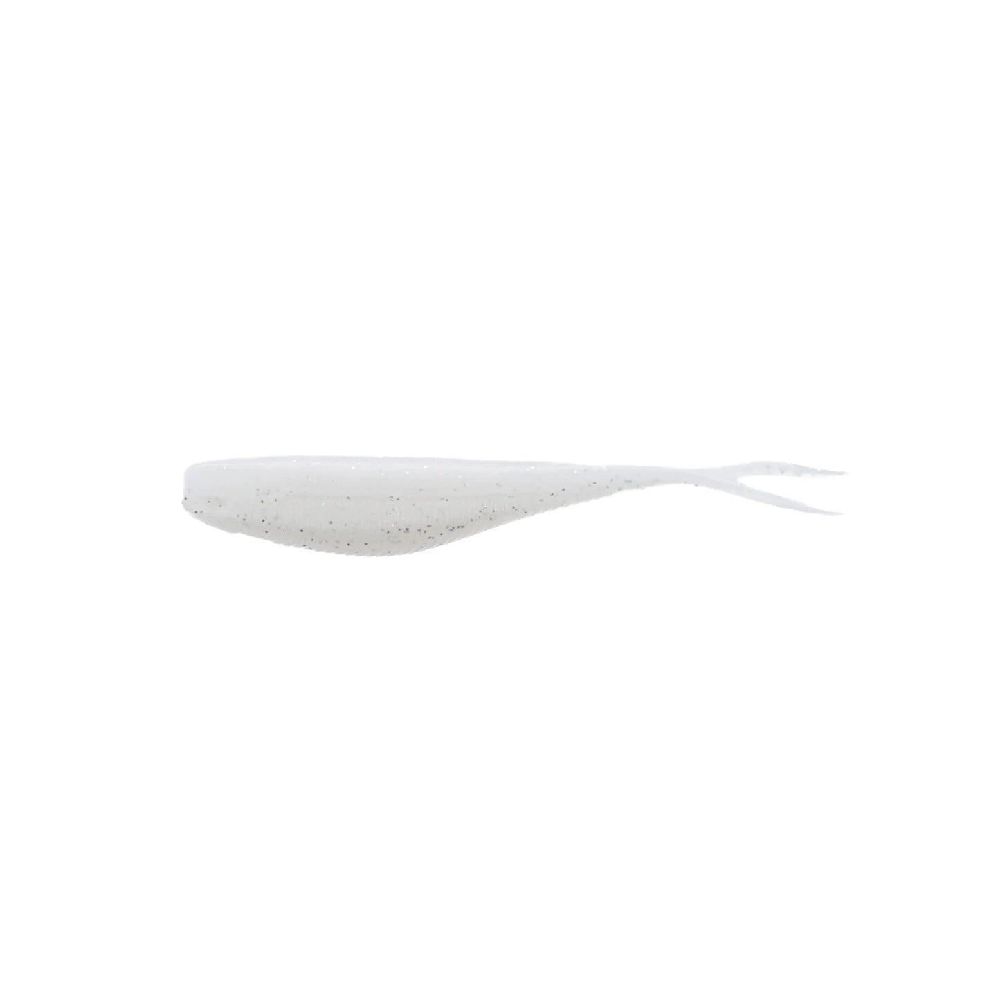 The Xzone Lures Rally Shad 3.75" 7pk is a soft plastic bait in translucent white with black speckles and a split tail, ideal for use with forward-facing sonar.