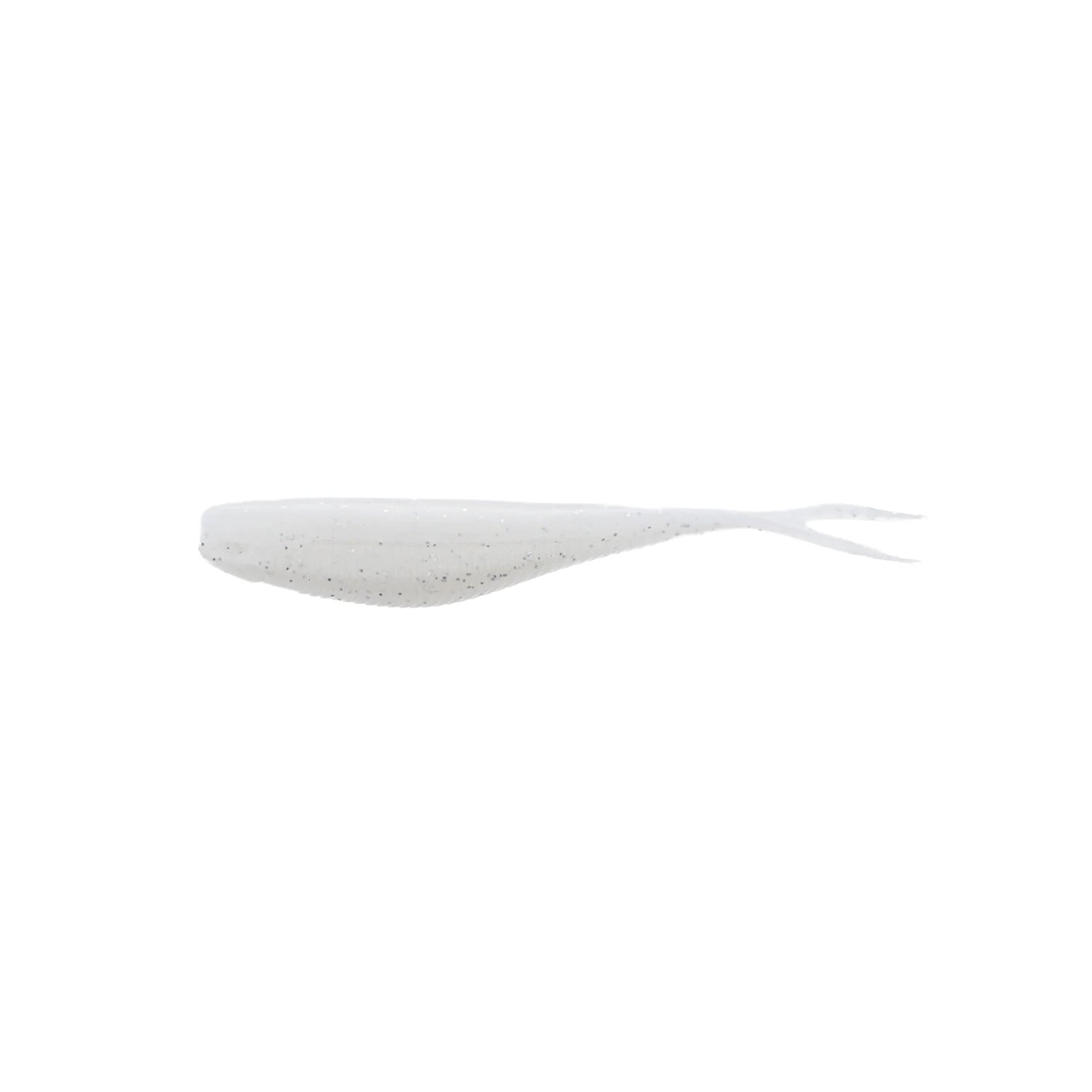 The Xzone Lures Rally Shad 3.75" 7pk is a soft plastic bait in translucent white with black speckles and a split tail, ideal for use with forward-facing sonar.