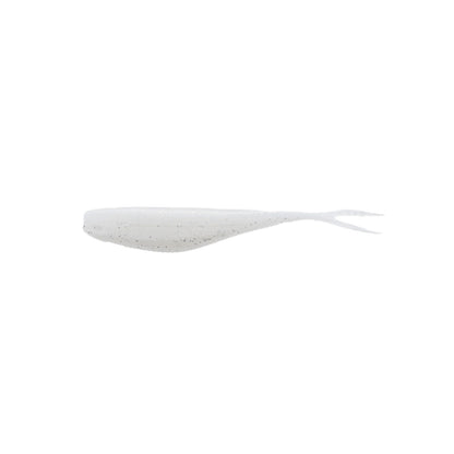 The Xzone Lures Rally Shad 3.75" 7pk is a soft plastic bait in translucent white with black speckles and a split tail, ideal for use with forward-facing sonar.