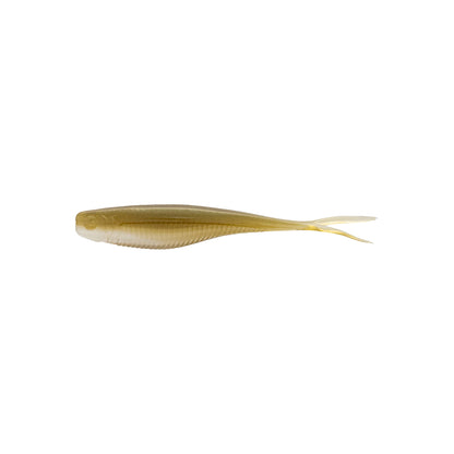 The Xzone Lures Rally Shad 3.75" 7pk is a soft plastic bait shaped like a small fish, with ribbed sides and forked tail in translucent brown and white—ideal for forward facing sonar. Shown on a white background.
