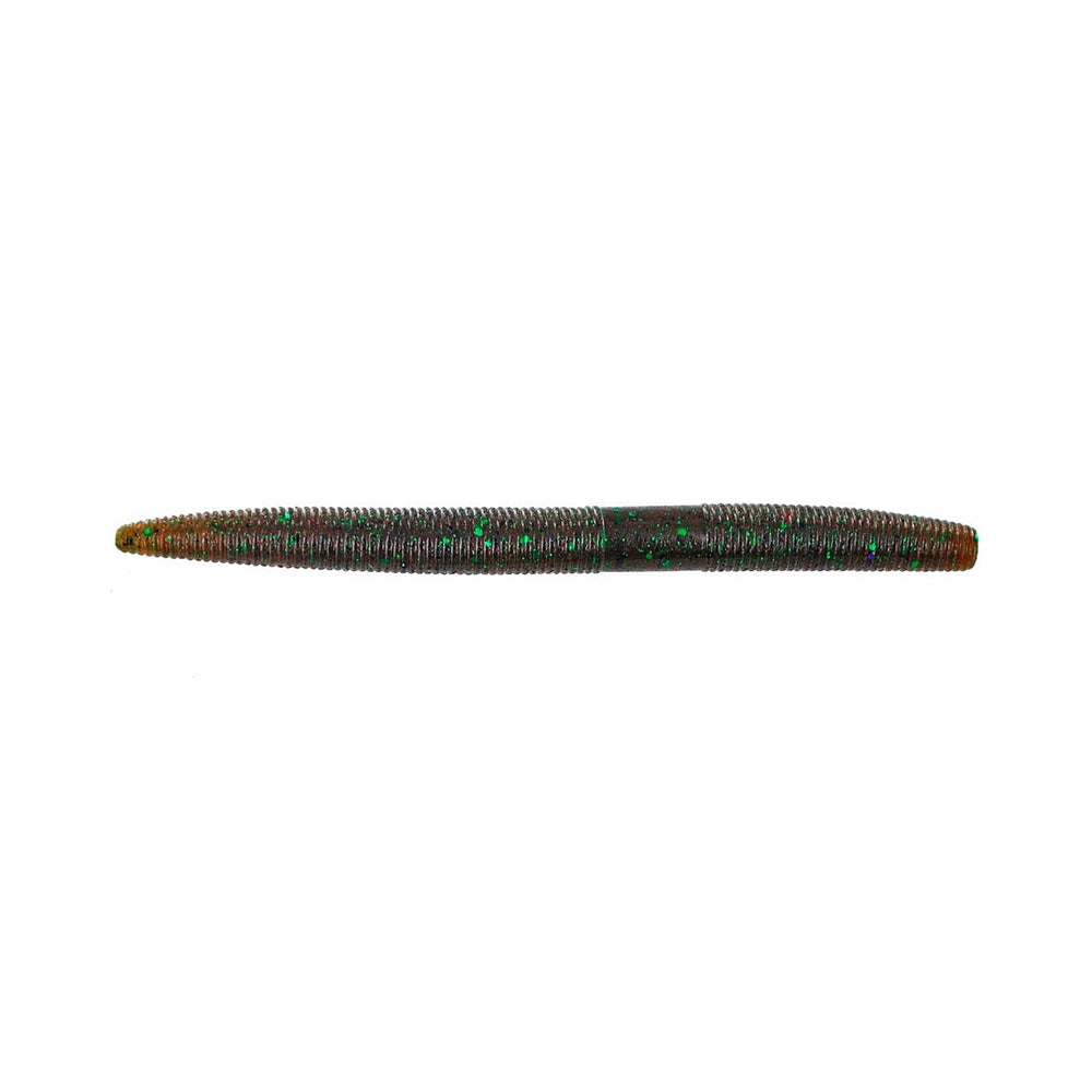 The Yamamoto Senko by Yamamoto is a brown, ribbed fishing lure with green and black speckles, tapered at both ends and shown on a white background—ideal for bass fishing.
