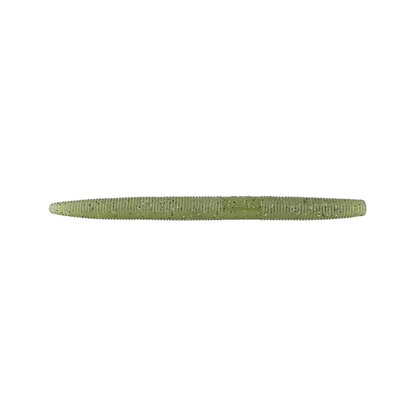A green, ribbed Yamamoto Senko soft plastic worm bait by Yamamoto is displayed horizontally on a white background.