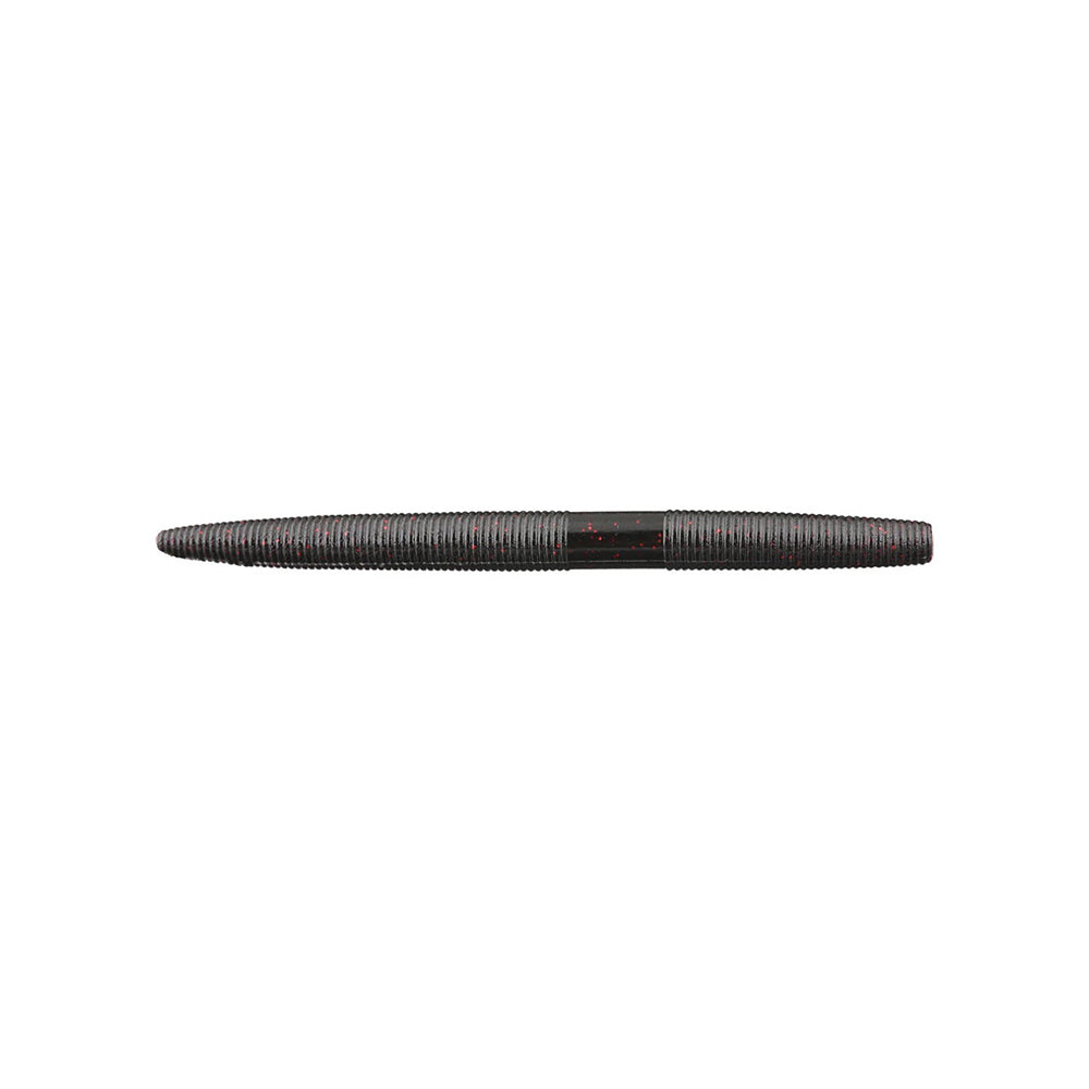 The Yamamoto Senko by Yamamoto is a black, ribbed soft plastic bait shaped like a short worm with tapered ends, designed for bass fishing and offering lifelike movement to attract more bites.