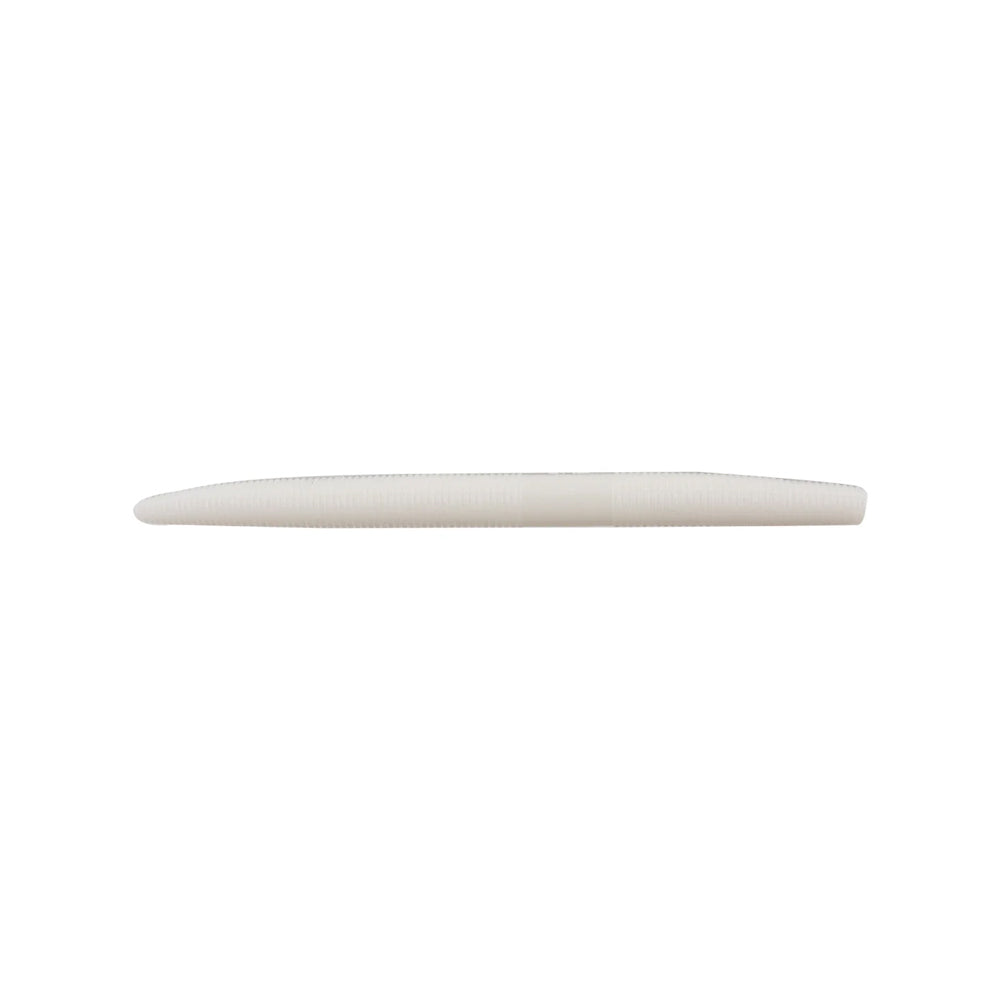 The Yamamoto Senko, a soft plastic, ribbed fishing lure shaped like a worm in plain white from the brand Yamamoto, is shown against a white background.