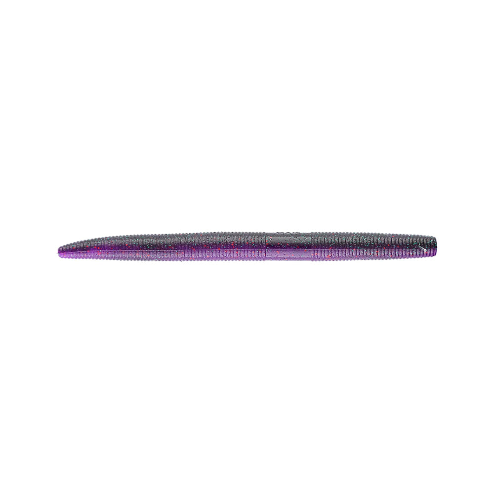 The Yamamoto Senko, a soft plastic lure by Yamamoto, features a cylindrical tapered shape with ribbed texture and dark-purple color mix, shown isolated on a white background.