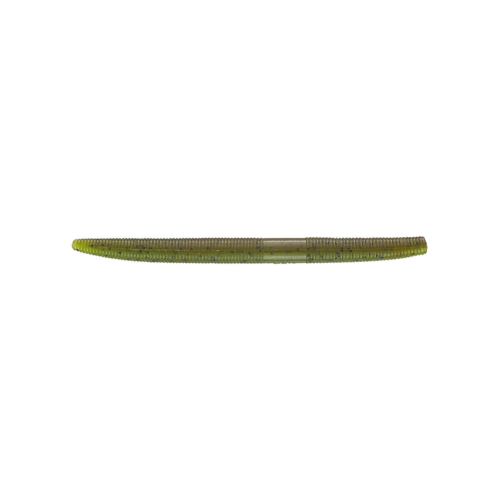 A green, ribbed Yamamoto Senko soft plastic fishing lure by Yamamoto, shaped like a worm, is shown on a white background.