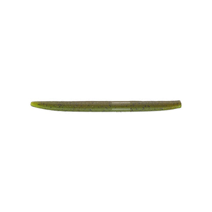 A green, ribbed Yamamoto Senko soft plastic fishing lure by Yamamoto, shaped like a worm, is shown on a white background.