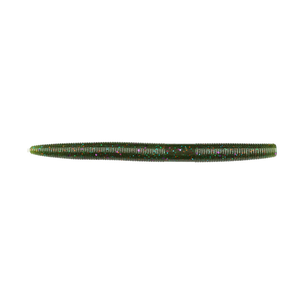 A green, ribbed Yamamoto Senko fishing lure by Yamamoto, featuring subtle purple and blue glitter accents, is shown on a white background—ideal for bass fishing enthusiasts.