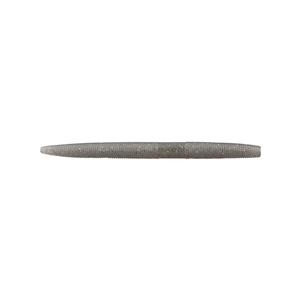 The Yamamoto Senko by Yamamoto is a gray, soft plastic worm-shaped fishing lure with ribbed texture and reflective specks, perfect for bass fishing, shown on a white background.