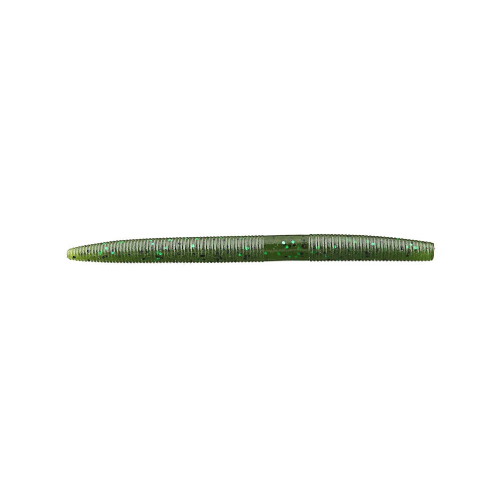 A green, ribbed Yamamoto Senko soft plastic fishing lure by Yamamoto with subtle glitter accents is displayed horizontally on a white background.