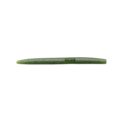 A green, ribbed Yamamoto Senko soft plastic fishing lure by Yamamoto with subtle glitter accents is displayed horizontally on a white background.
