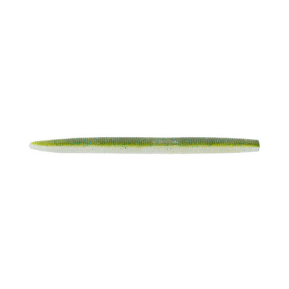 The Yamamoto Senko by Yamamoto is a green and white, soft plastic worm-shaped fishing lure with a ribbed texture and subtle blue specks, shown on a white background.