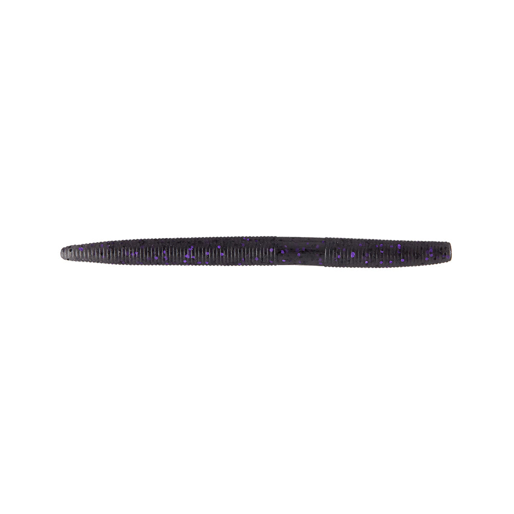 A dark Yamamoto Senko fishing lure by Yamamoto, featuring a ribbed texture and subtle purple speckles, is displayed on a plain white background.