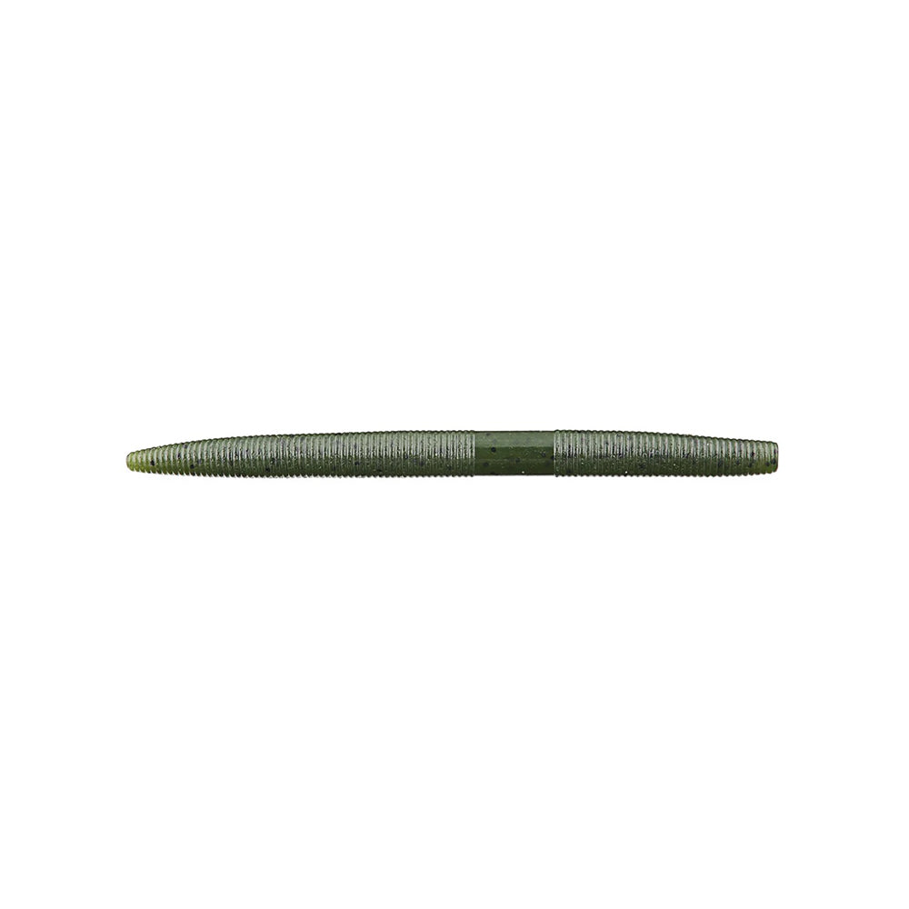 The Yamamoto Senko by Yamamoto is a green, ribbed soft plastic fishing lure shaped like a worm, featuring a slightly tapered profile and textured surface for lifelike action.