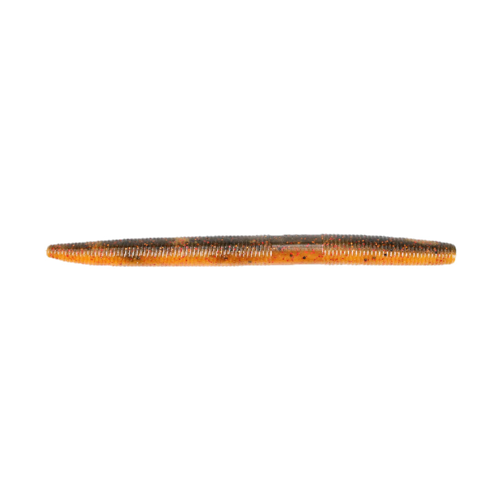 A close-up of the Yamamoto Senko by Yamamoto, a brown and orange segmented wacky-style fishing lure, shown against a white background.