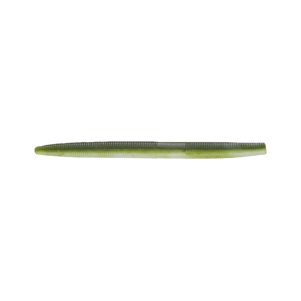A green, ribbed, cylindrical Yamamoto Senko lure from Yamamoto lies horizontally on a white background, ideal for wacky-style rigging.
