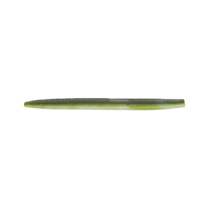 A green, ribbed, cylindrical Yamamoto Senko lure from Yamamoto lies horizontally on a white background, ideal for wacky-style rigging.