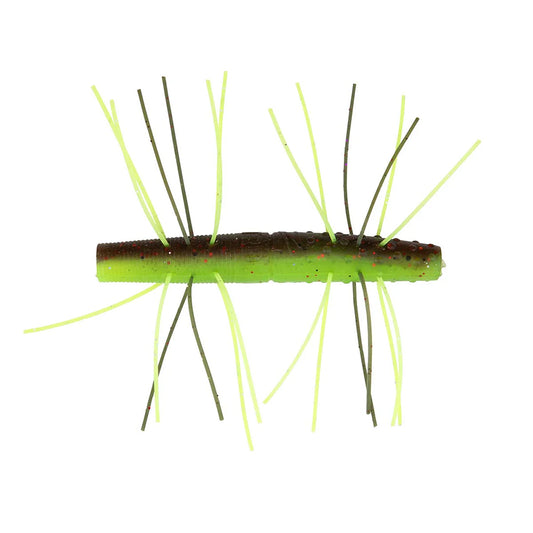 The Z-Man Fuzzy TRD 2.75" 4pk is a green/brown worm-shaped soft bait made from durable ElaZtech, featuring thin strands that mimic legs—ideal for Ned rig fishing techniques.