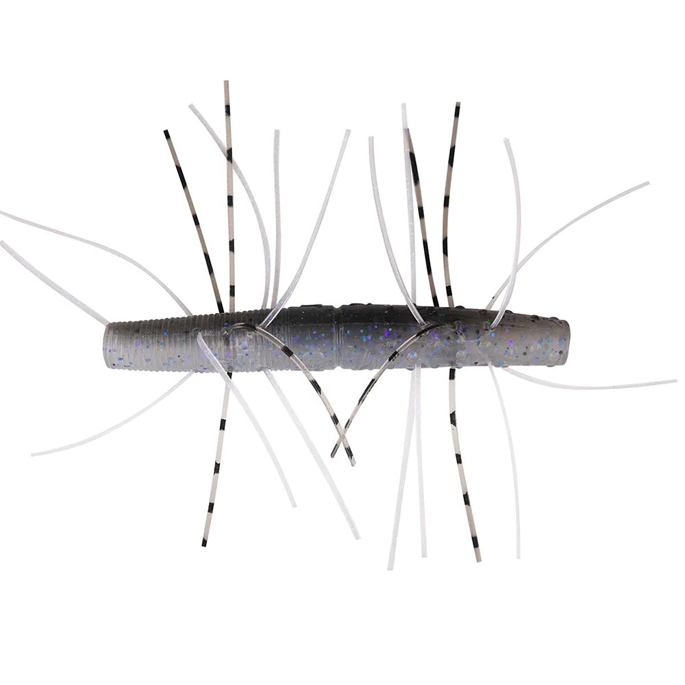 The Z-Man Fuzzy TRD 2.75" 4pk is a gray ElaZtech cylindrical fishing lure featuring blue specks and thin, white and black-striped appendages—perfect for Ned rig presentations.