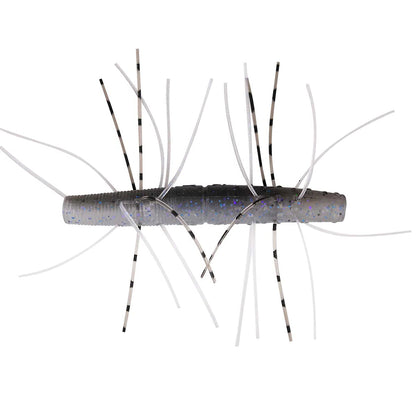 The Z-Man Fuzzy TRD 2.75" 4pk is a gray ElaZtech cylindrical fishing lure featuring blue specks and thin, white and black-striped appendages—perfect for Ned rig presentations.