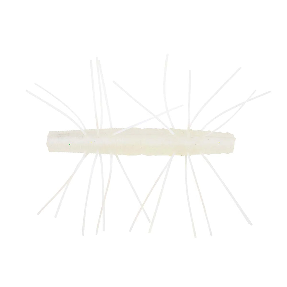The Z-Man Fuzzy TRD 2.75" 4pk from Z-Man is a white, cylindrical soft bait featuring multiple thin, flexible strands on its sides, ideal for Ned rig fishing.
