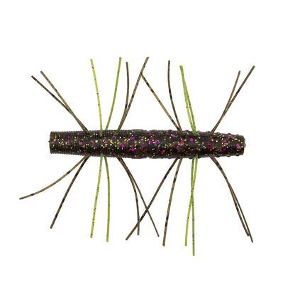 The Z-Man Fuzzy TRD 2.75" 4pk features segmented, dark-colored ElaZtech lures with purple and green glitter plus green rubber legs—ideal for enhancing your Ned rig setup.
