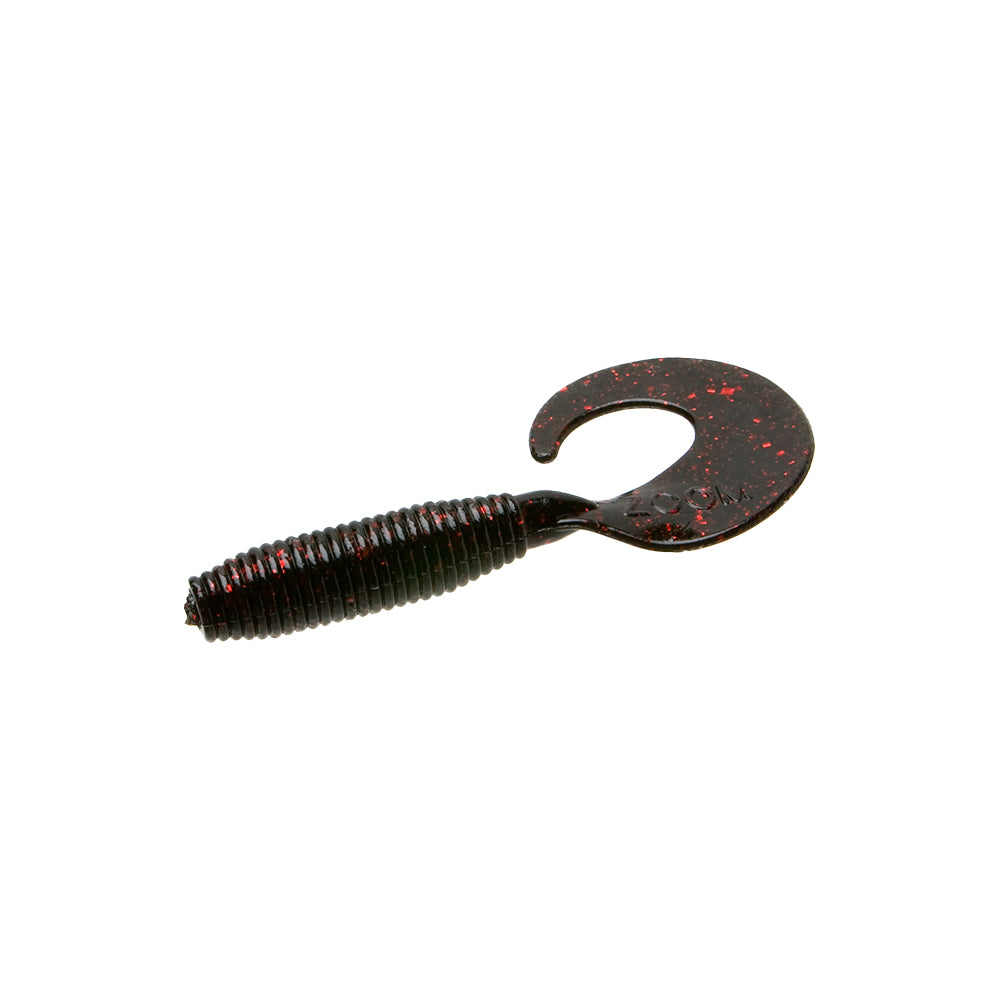 The Zoom Fat Albert Grubs by Zoom are soft plastic lures with a ribbed, cylindrical body and curled tail, featuring a dark color with red flecks—perfect as jig trailers for bass fishing.