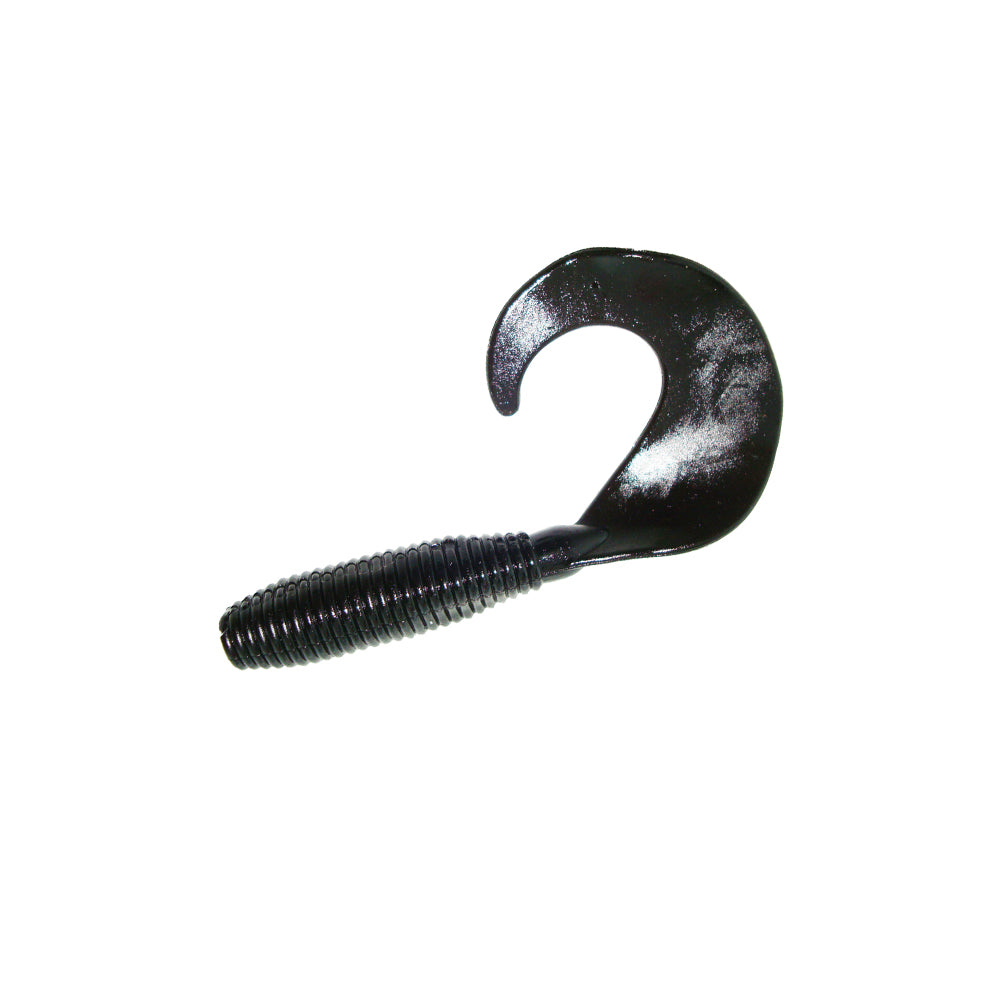 The Zoom Fat Albert Grubs by Zoom is a black, ribbed soft plastic curly tail grub lure with a curved tail, ideal for bass fishing and shown on a white background.