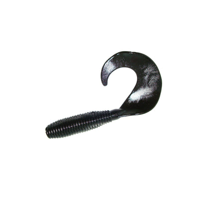 The Zoom Fat Albert Grubs by Zoom is a black, ribbed soft plastic curly tail grub lure with a curved tail, ideal for bass fishing and shown on a white background.