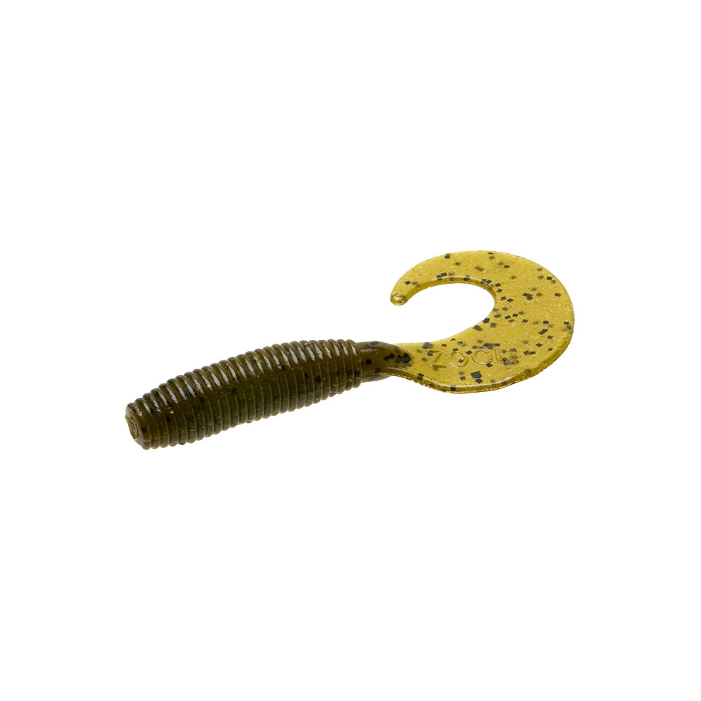 The Zoom Fat Albert Grubs by Zoom is a soft plastic curly tail fishing lure with a ribbed, dark green body and a large, yellow curly tail speckled with black dots, displayed on a white background.