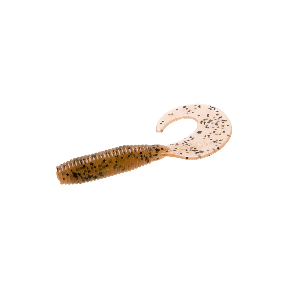 The Zoom Fat Albert Grubs by Zoom are soft plastic fishing lures with a ribbed, brownish body featuring black speckles and a curly tail, ideal for bass fishing. Shown against a white background.
