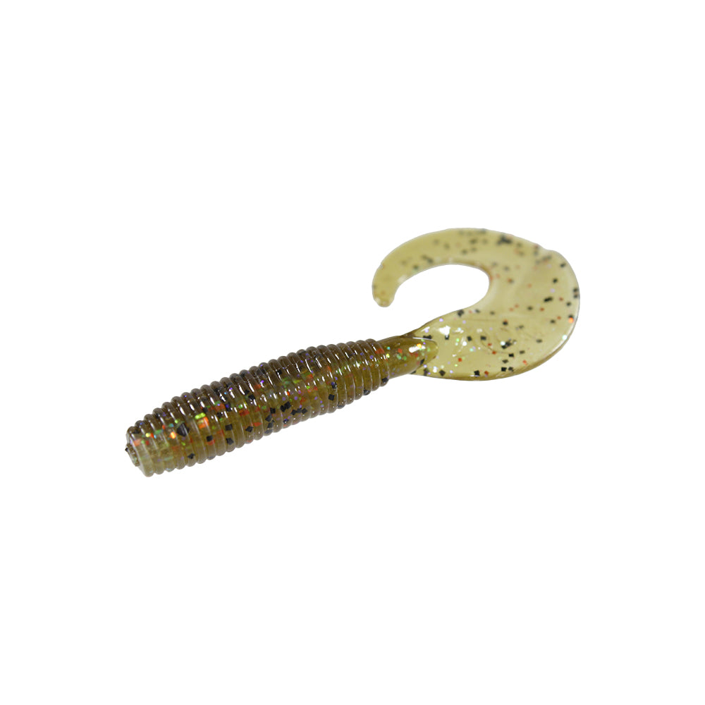 The Zoom Fat Albert Grubs by Zoom feature a soft, ribbed body and curly tail in a translucent yellow-green with black and gold flakes—ideal as a jig trailer for bass fishing.