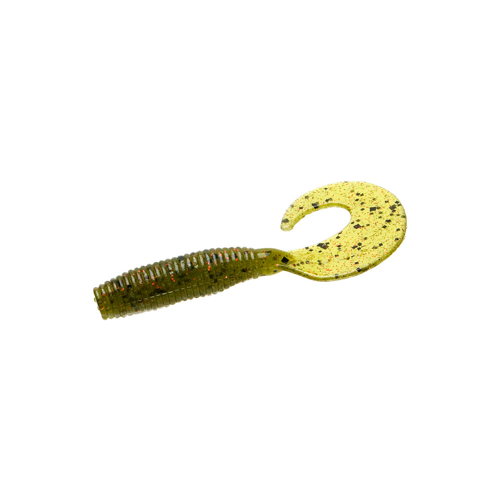 The Zoom Fat Albert Grubs by Zoom feature a soft, ribbed greenish body with a curled yellow tail speckled in black and red—ideal as a bass jig trailer. Shown isolated on white.