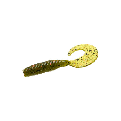 The Zoom Fat Albert Grubs by Zoom feature a soft, ribbed greenish body with a curled yellow tail speckled in black and red—ideal as a bass jig trailer. Shown isolated on white.