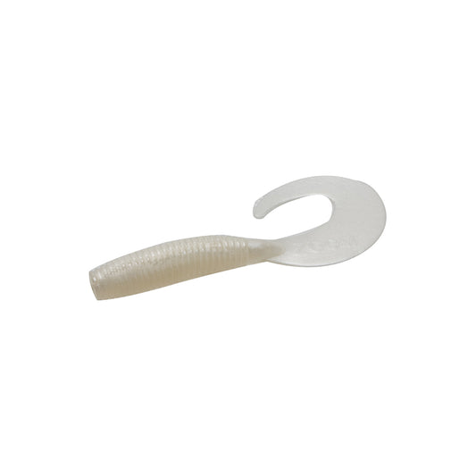 The Zoom Fat Albert Grubs by Zoom are white, soft plastic fishing lures with a ribbed body and thin, curved tail—ideal for bass fishing—shown on a plain white background.