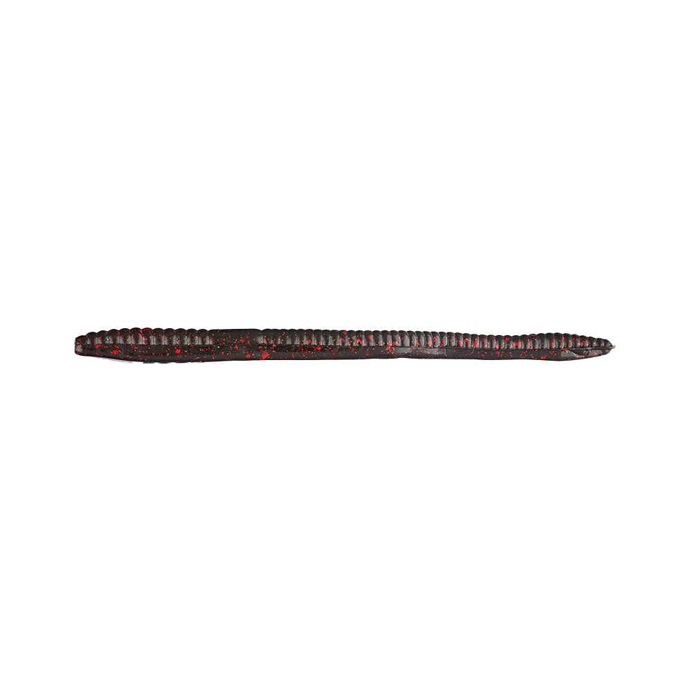 The Zoom Finesse Worm 4.5" 20pk by Zoom is a soft plastic bass lure in dark brown with red flecks, featuring a ribbed body and tapered tip, shown isolated on a white background.