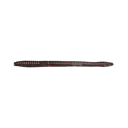 The Zoom Finesse Worm 4.5" 20pk by Zoom is a soft plastic bass lure in dark brown with red flecks, featuring a ribbed body and tapered tip, shown isolated on a white background.