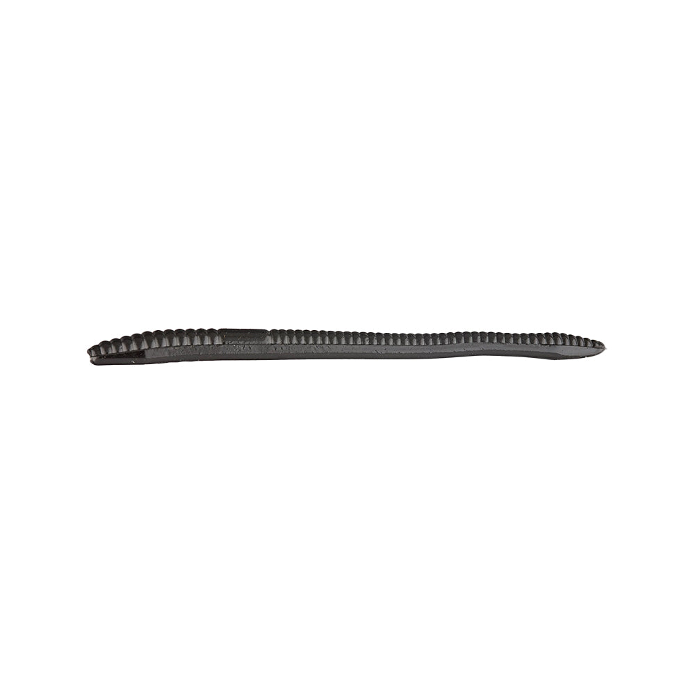 A Zoom Finesse Worm 4.5" from Zoom, shown in black with a ribbed, elongated design like a Trick Worm, ideal for bass fishing. Comes in a 20-pack and photographed on a white background.