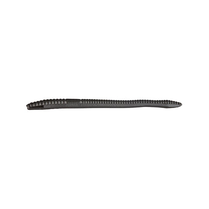 A Zoom Finesse Worm 4.5" from Zoom, shown in black with a ribbed, elongated design like a Trick Worm, ideal for bass fishing. Comes in a 20-pack and photographed on a white background.
