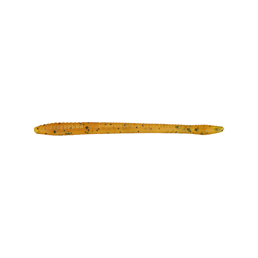 The Zoom Finesse Worm 4.5" (20pk) by Zoom is a soft, yellowish-brown plastic lure shaped like a ribbed worm with black speckles—perfect for bass fishing. It’s shown on a plain white background.