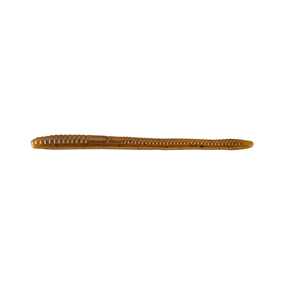 The Zoom Finesse Worm 4.5" (20pk) by Zoom, shown in brown with a ribbed design, is worm-shaped and displayed on a white background—perfect for bass fishing.